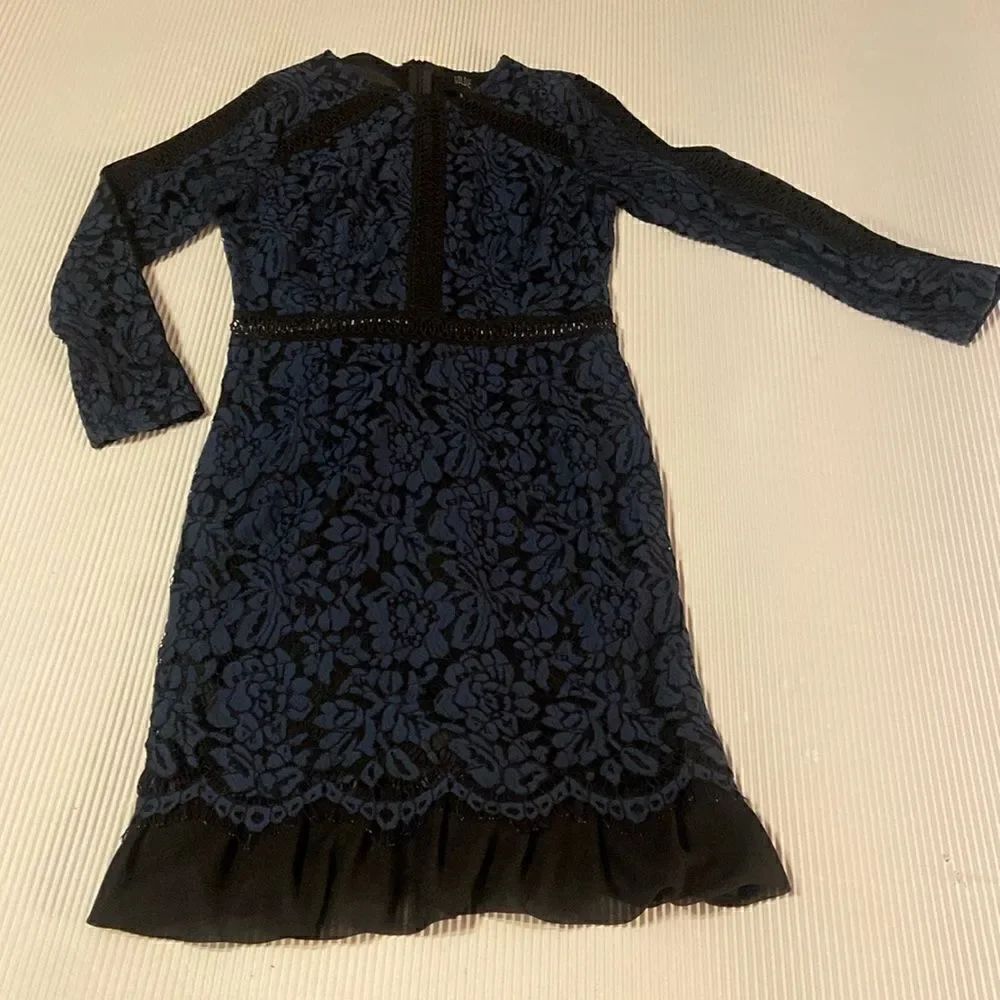 Goldie London Black Bodycon Dress With Navy Blue Lace Overlay Black Ruffle Med